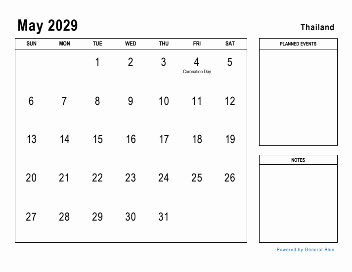 May 2029 Printable Monthly Calendar with Thailand Holidays