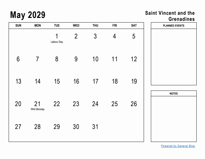 May 2029 Printable Monthly Calendar with Saint Vincent and the Grenadines Holidays