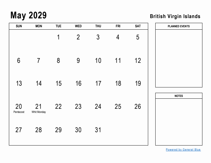 May 2029 Printable Monthly Calendar with British Virgin Islands Holidays