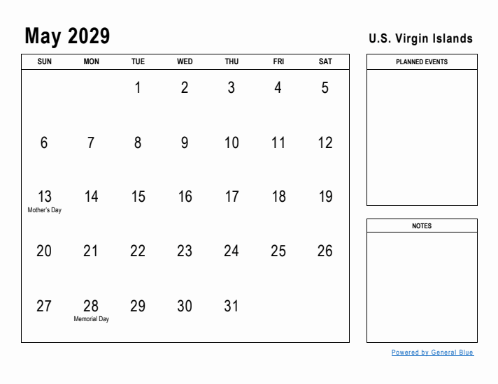 May 2029 Printable Monthly Calendar with U.S. Virgin Islands Holidays