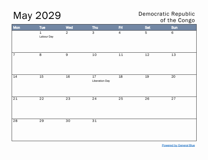 May 2029 Simple Monthly Calendar for Democratic Republic of the Congo