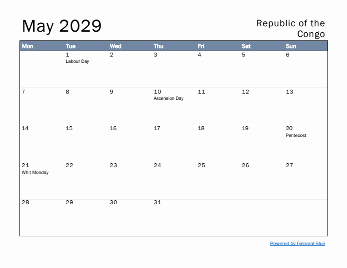 May 2029 Simple Monthly Calendar for Republic of the Congo