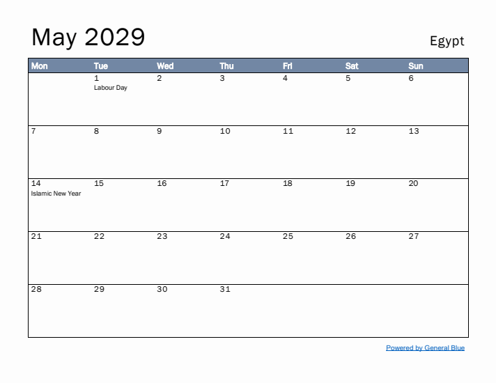 May 2029 Simple Monthly Calendar for Egypt