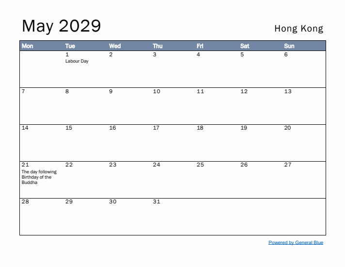 May 2029 Simple Monthly Calendar for Hong Kong