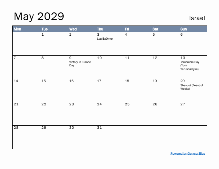 May 2029 Simple Monthly Calendar for Israel