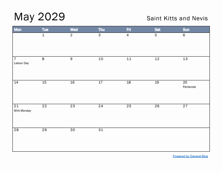 May 2029 Simple Monthly Calendar for Saint Kitts and Nevis