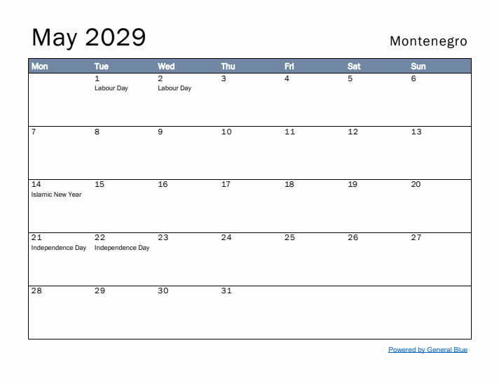 May 2029 Simple Monthly Calendar for Montenegro