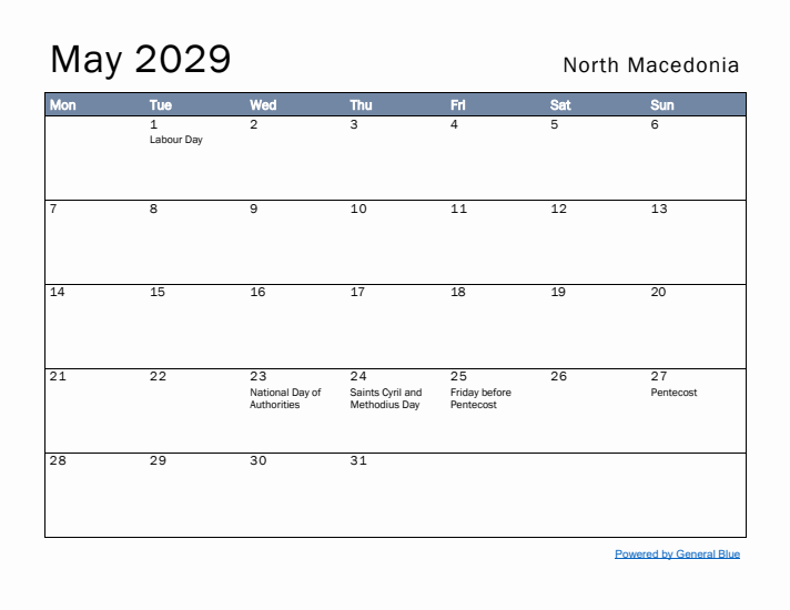 May 2029 Simple Monthly Calendar for North Macedonia