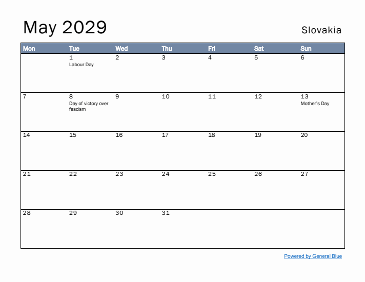 May 2029 Simple Monthly Calendar for Slovakia