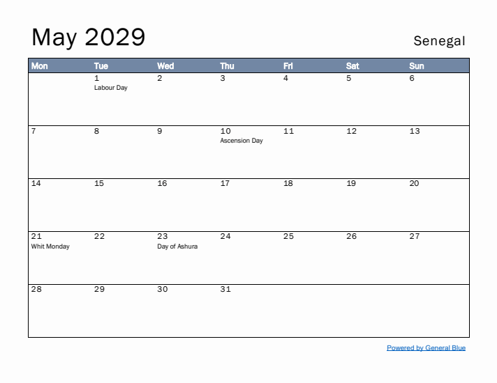 May 2029 Simple Monthly Calendar for Senegal