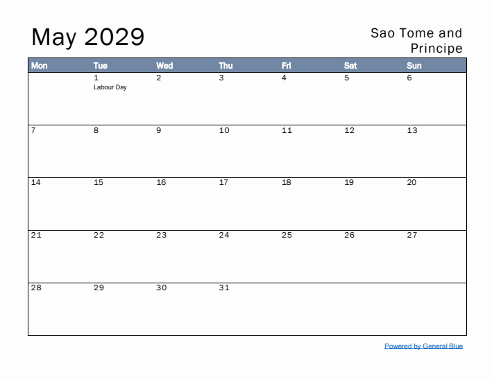 May 2029 Simple Monthly Calendar for Sao Tome and Principe