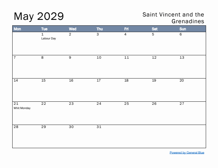 May 2029 Simple Monthly Calendar for Saint Vincent and the Grenadines