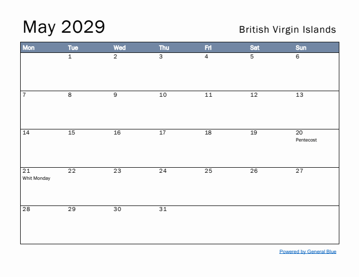 May 2029 Simple Monthly Calendar for British Virgin Islands