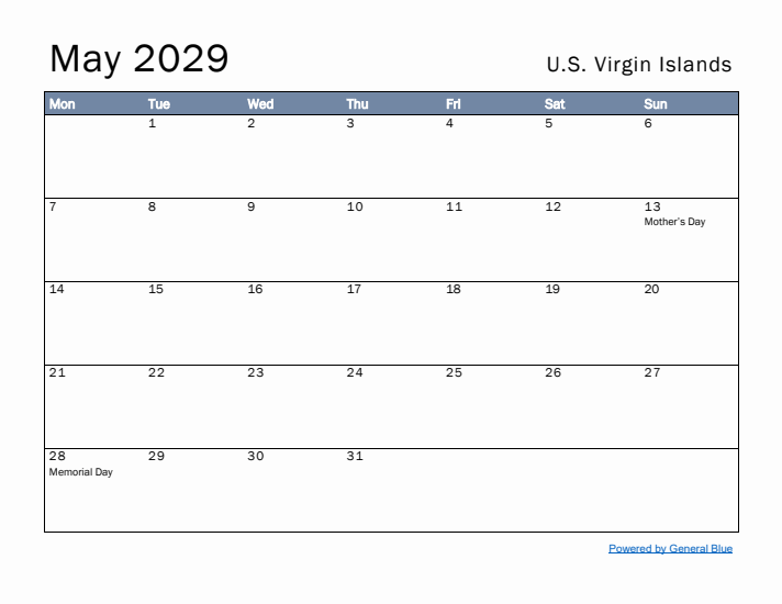 May 2029 Simple Monthly Calendar for U.S. Virgin Islands