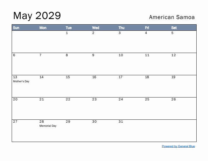 May 2029 Simple Monthly Calendar for American Samoa