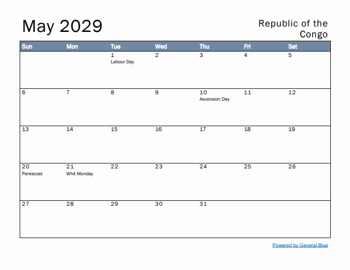May 2029 Simple Monthly Calendar for Republic of the Congo