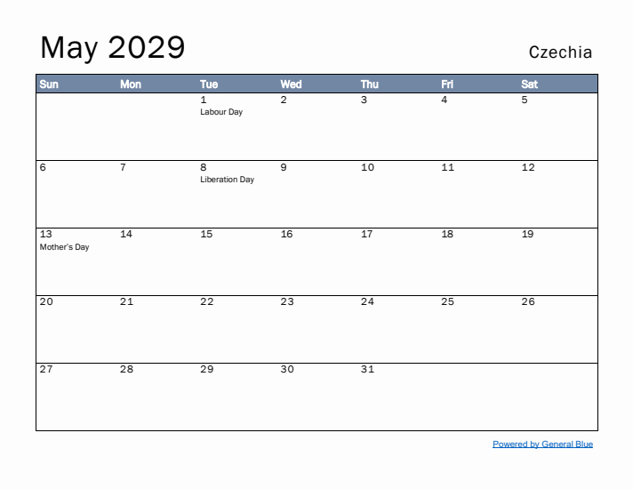 May 2029 Simple Monthly Calendar for Czechia