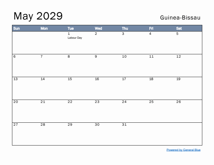 May 2029 Simple Monthly Calendar for Guinea-Bissau