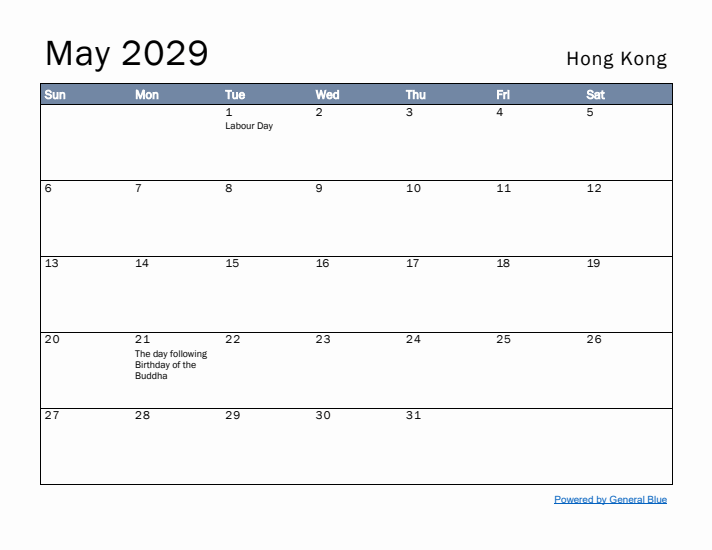 May 2029 Simple Monthly Calendar for Hong Kong