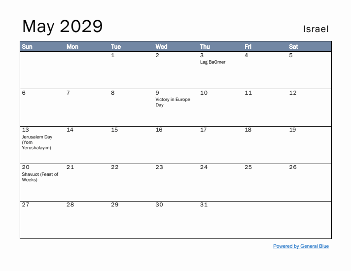 May 2029 Simple Monthly Calendar for Israel