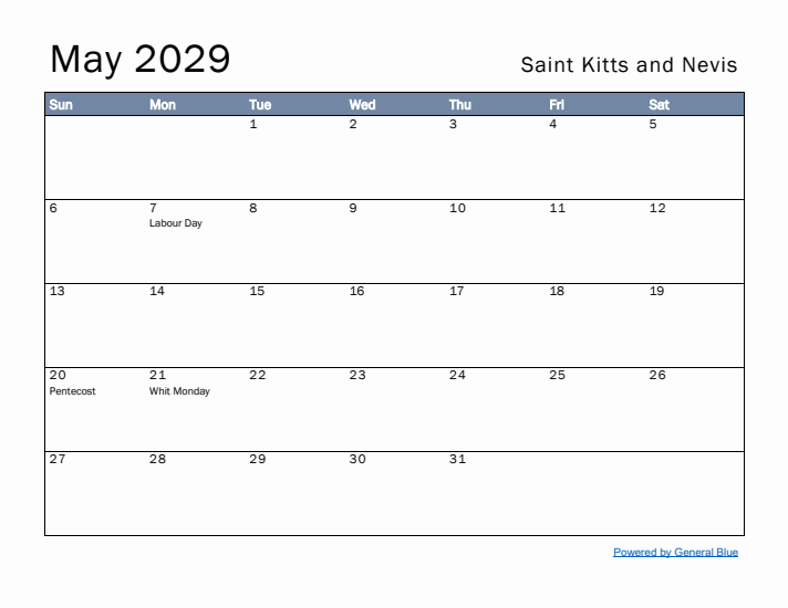 May 2029 Simple Monthly Calendar for Saint Kitts and Nevis