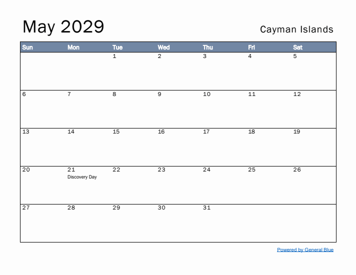 May 2029 Simple Monthly Calendar for Cayman Islands