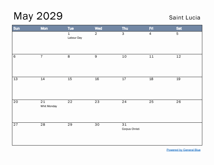 May 2029 Simple Monthly Calendar for Saint Lucia