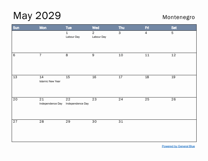 May 2029 Simple Monthly Calendar for Montenegro
