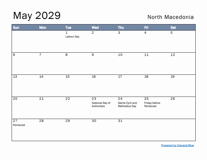 May 2029 Simple Monthly Calendar for North Macedonia