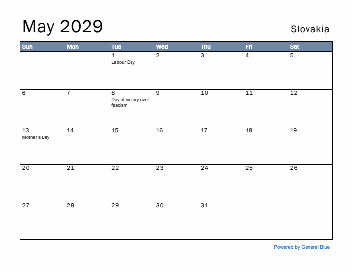 May 2029 Simple Monthly Calendar for Slovakia