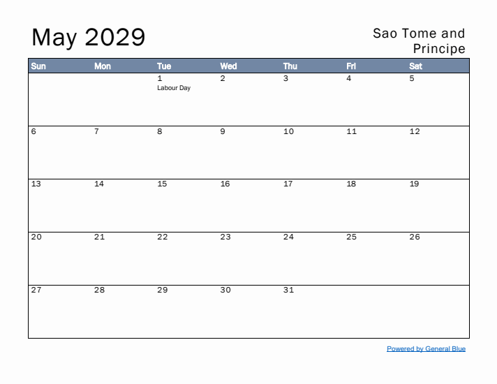 May 2029 Simple Monthly Calendar for Sao Tome and Principe