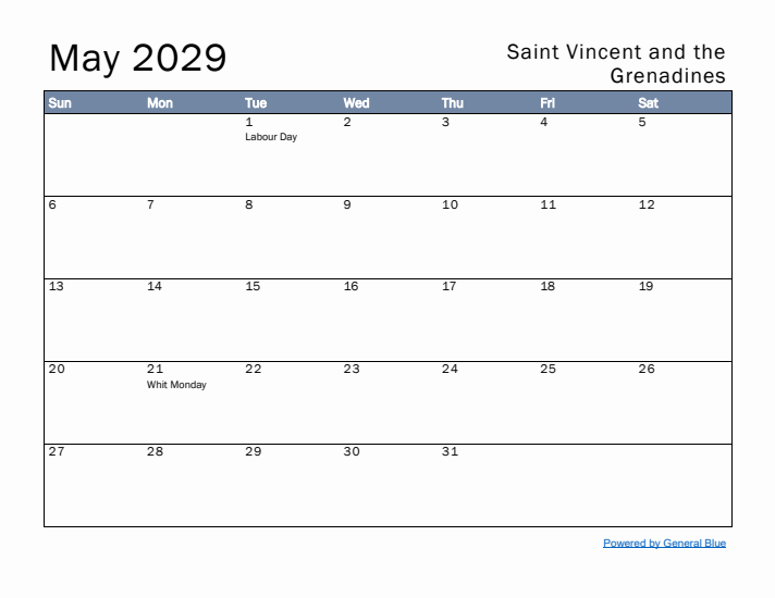 May 2029 Simple Monthly Calendar for Saint Vincent and the Grenadines