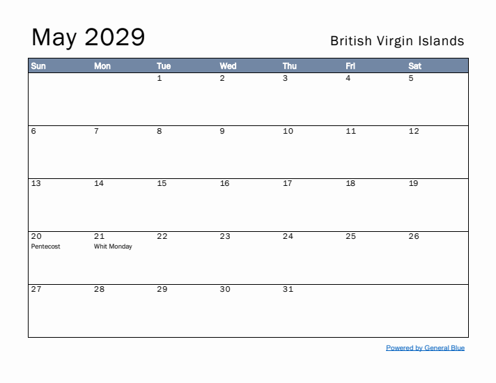 May 2029 Simple Monthly Calendar for British Virgin Islands