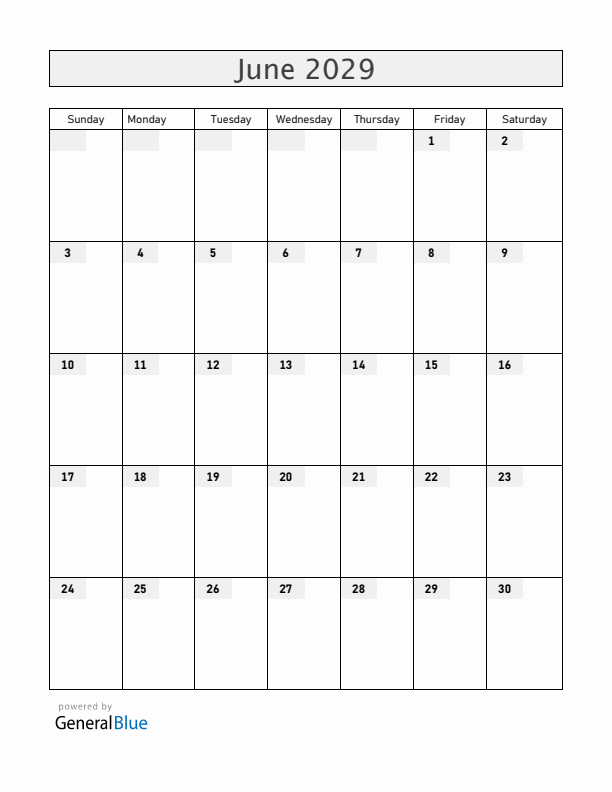 Blank June 2029 Calendar