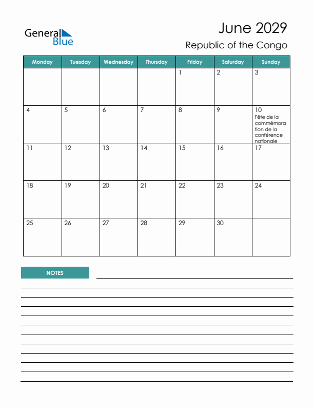Calendar with Notes Printable - Monday Start