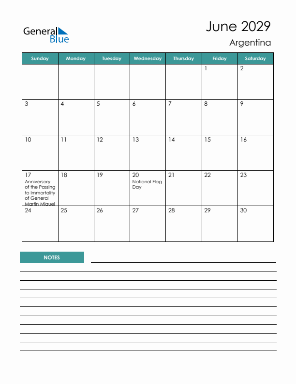Calendar with Notes Printable - Sunday Start