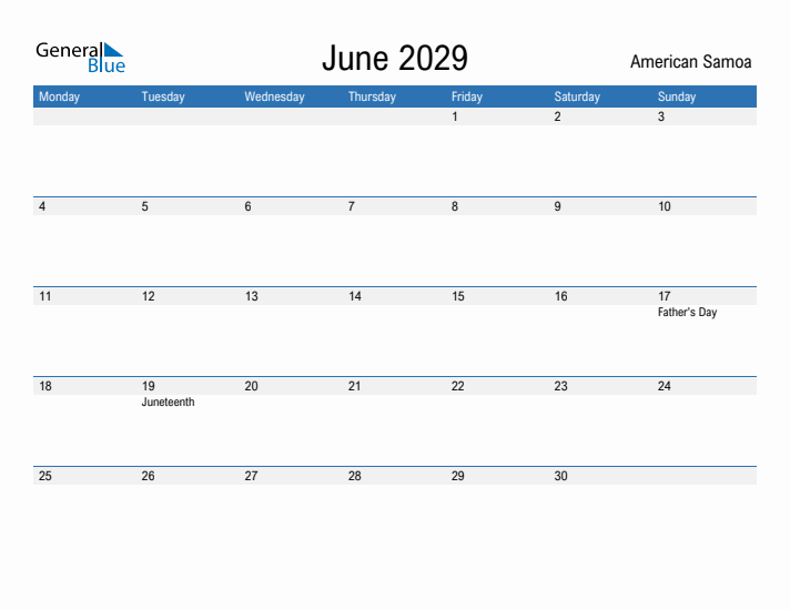 Fillable June 2029 Calendar