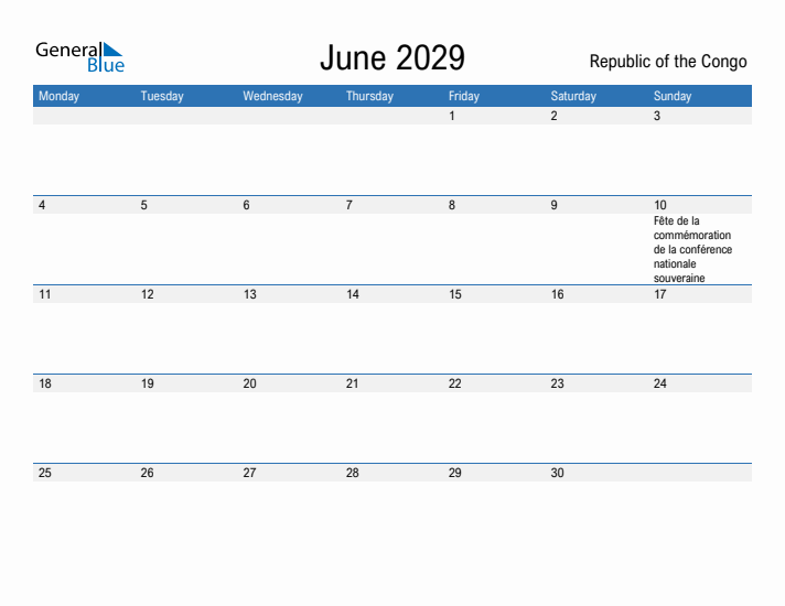 Fillable June 2029 Calendar