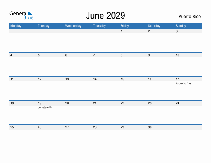 Fillable June 2029 Calendar