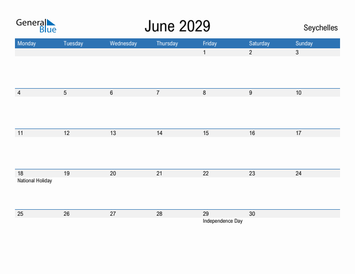 Fillable June 2029 Calendar