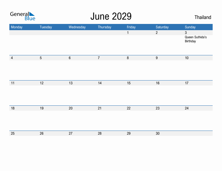 Fillable June 2029 Calendar