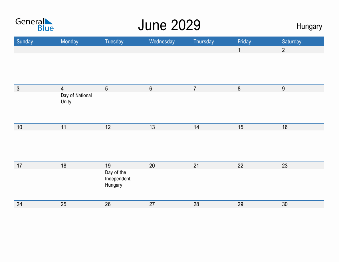 June 2029 Monthly Calendars with Hungary Holidays