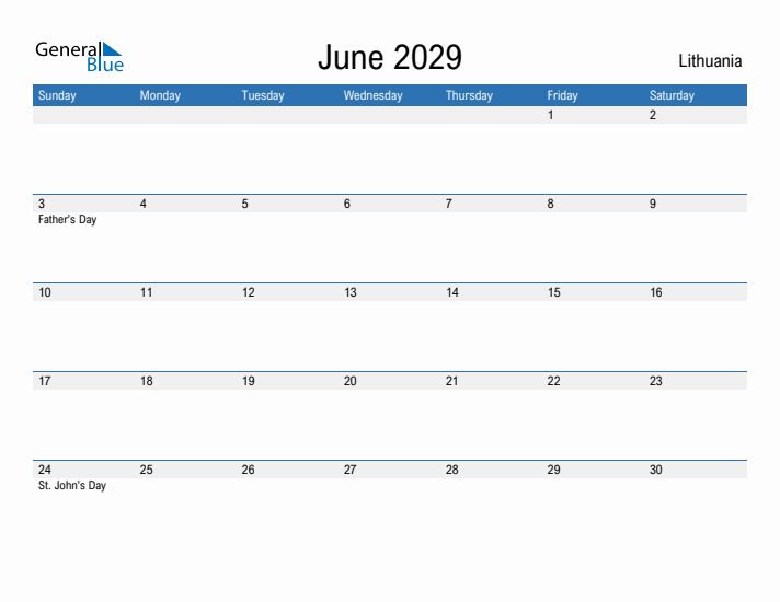 Fillable June 2029 Calendar