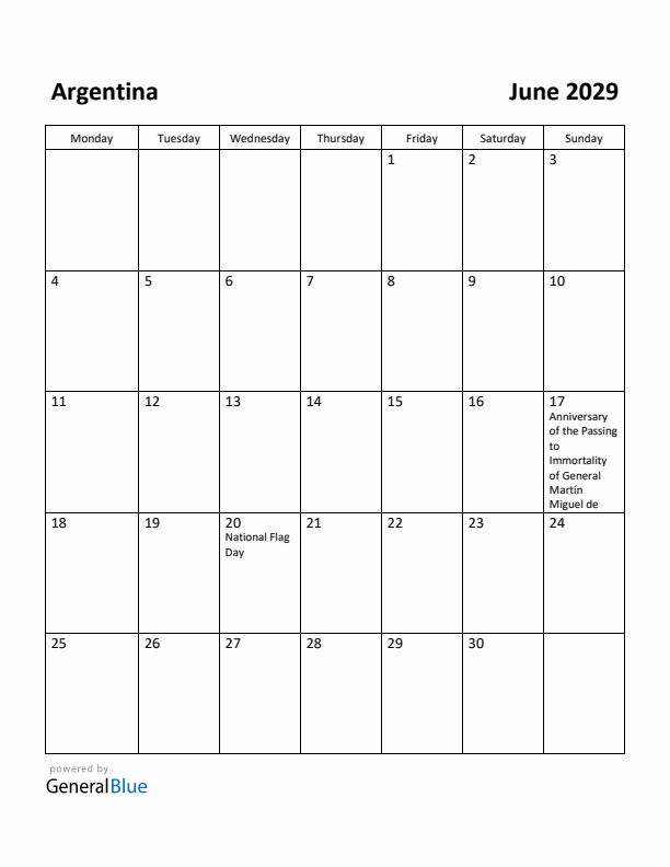 June 2029 Calendar with Argentina Holidays