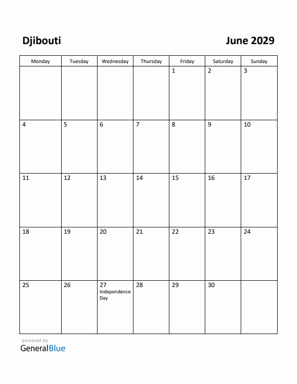 June 2029 Calendar with Djibouti Holidays