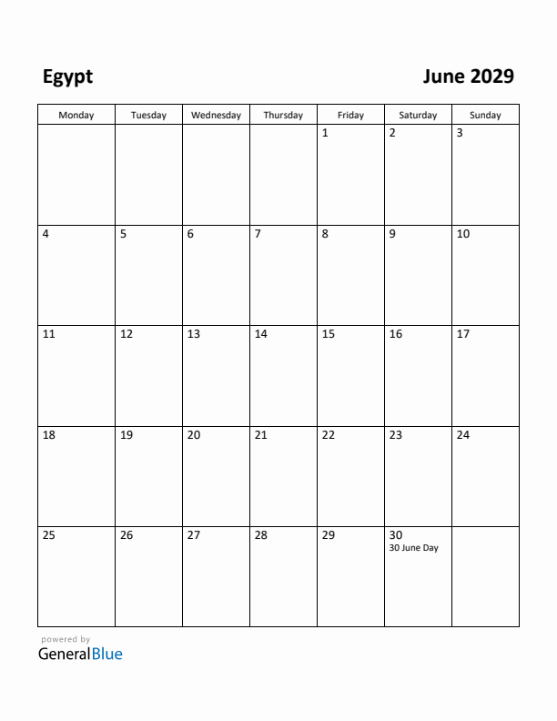 June 2029 Calendar with Egypt Holidays