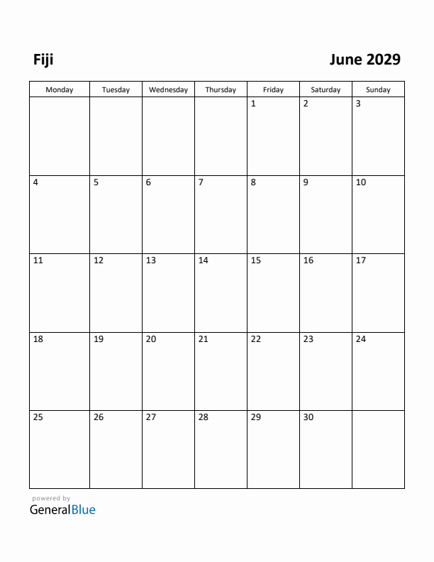 June 2029 Calendar with Fiji Holidays
