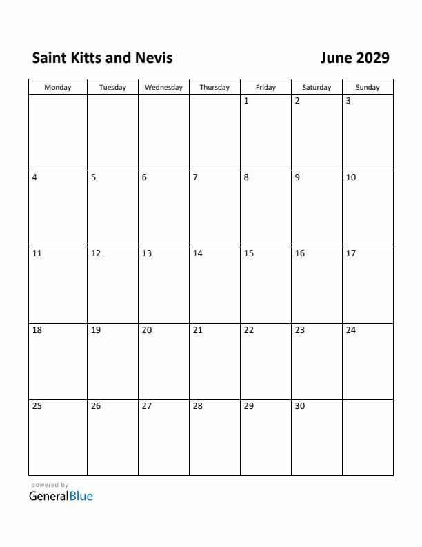 June 2029 Calendar with Saint Kitts and Nevis Holidays