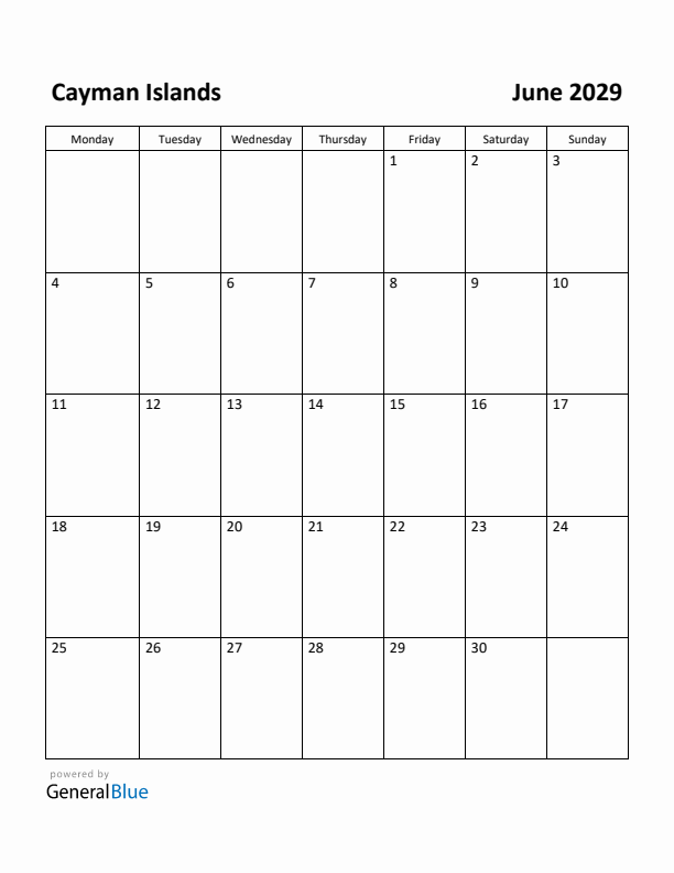 June 2029 Calendar with Cayman Islands Holidays