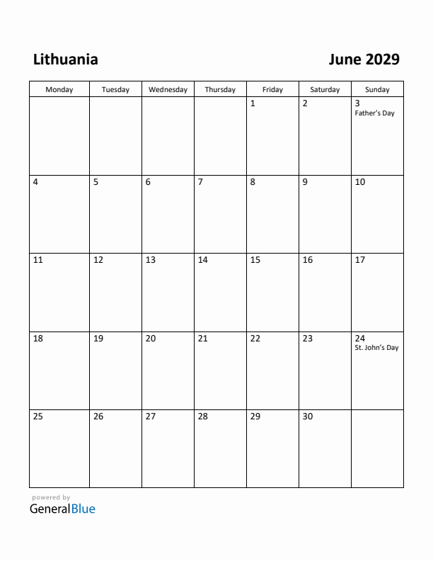 June 2029 Calendar with Lithuania Holidays